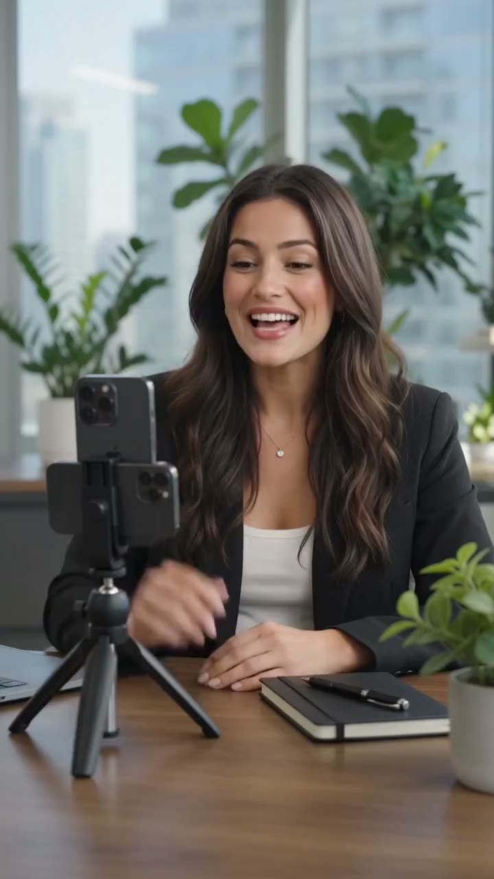 A young attorney checking her firm’s Lexir report on her phone after recording a video