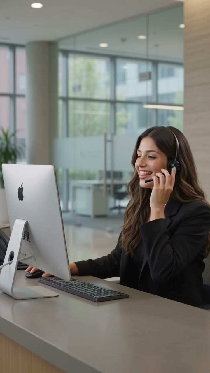 A front-desk coordinator with a headset opening the firm’s Lexir report on her monitor