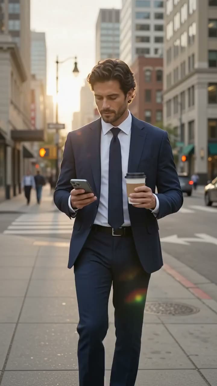 An attorney downtown at golden hour reading his firm’s Lexir report on his phone