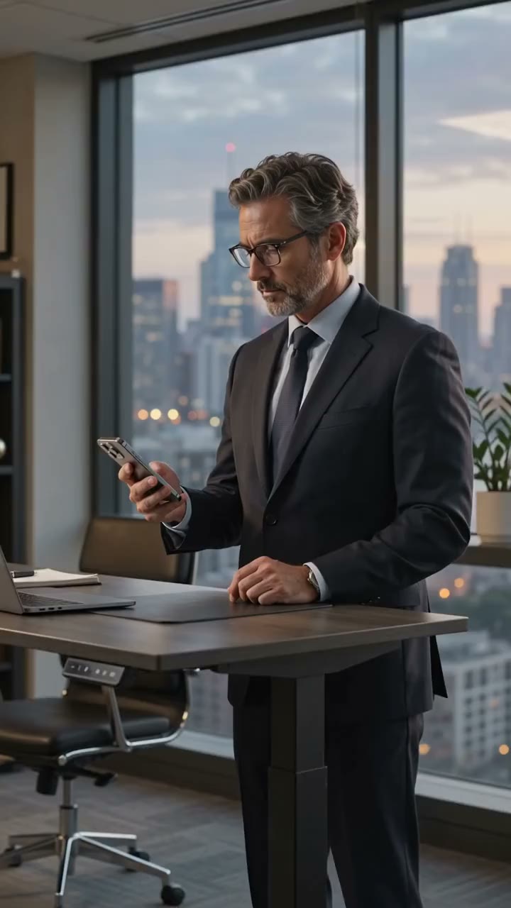 An attorney at a standing desk running the Lexir audit on his phone, city skyline behind him