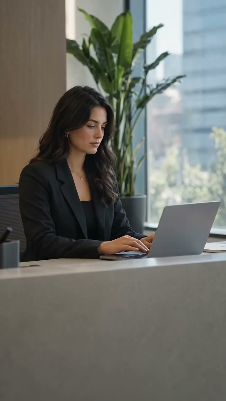 A paralegal reading the firm’s Lexir report on a laptop at a minimalist reception desk