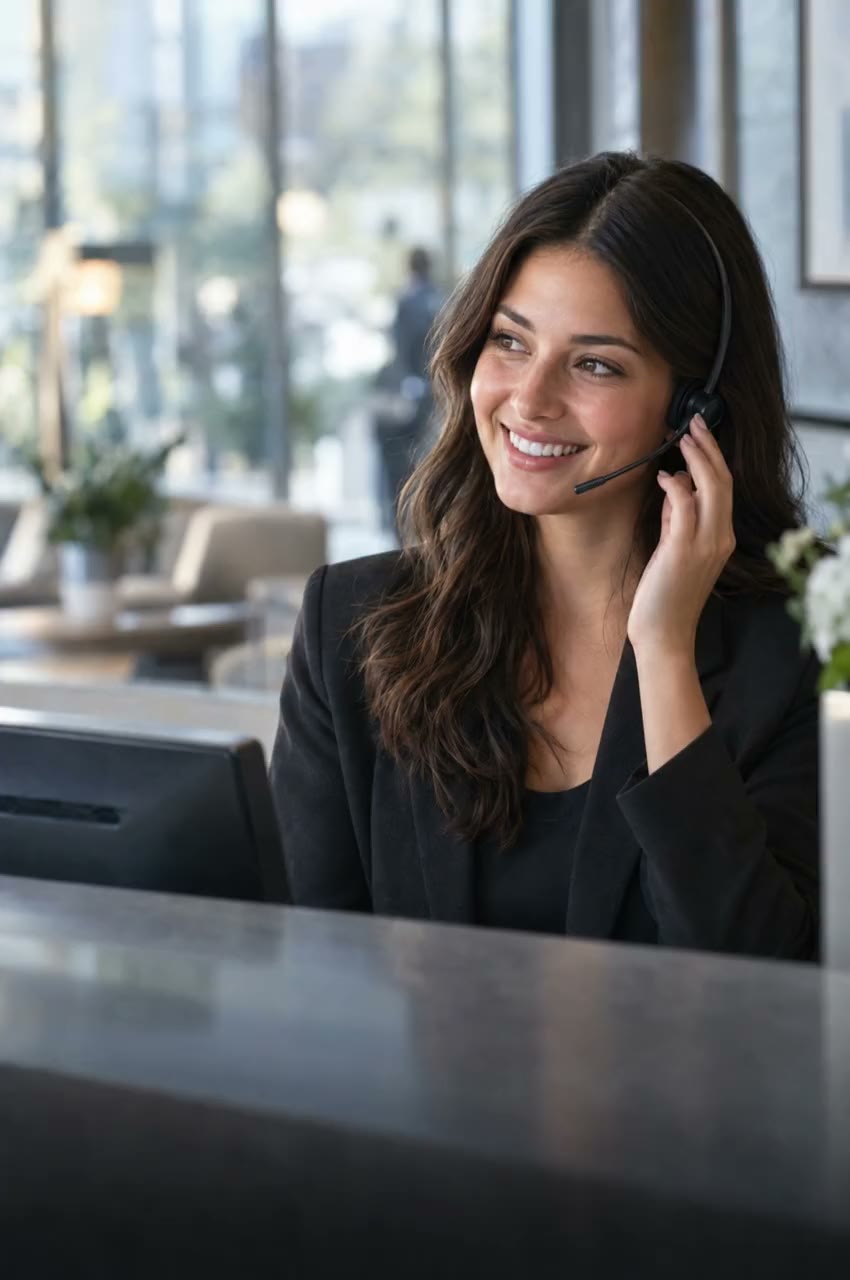 A receptionist with a headset answering a call in a modern law office